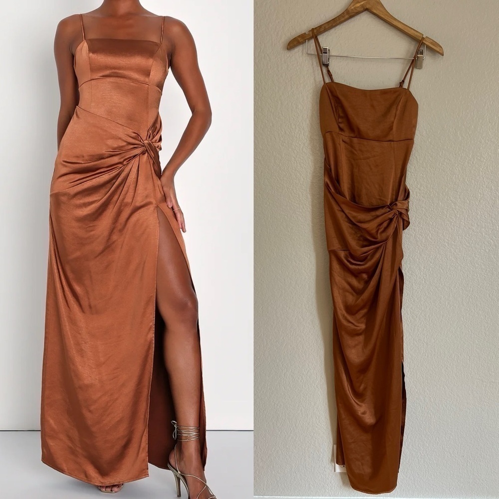 Bronze Satin Twist-Front Maxi Dress